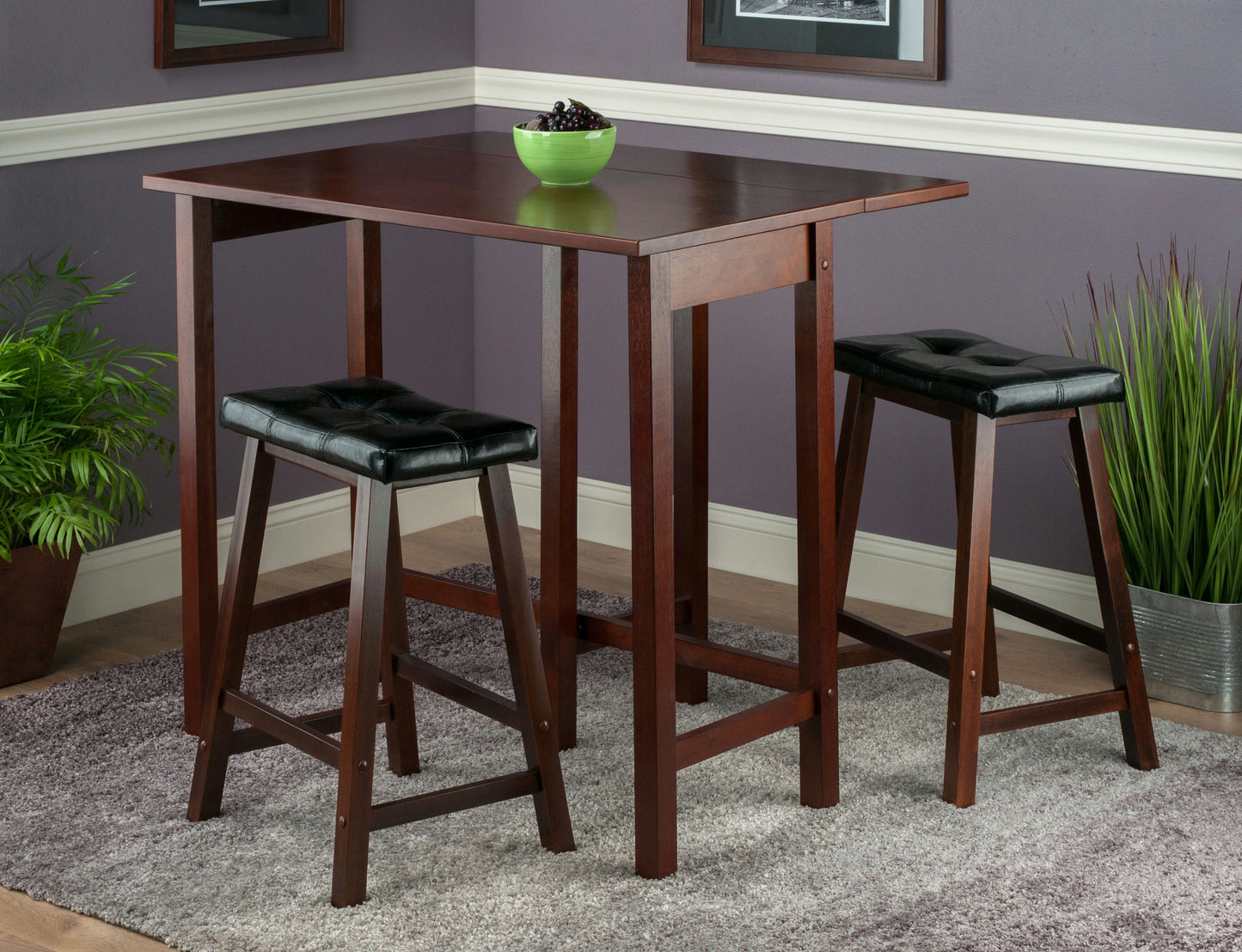 Lynnwood 3-Pc Drop Leaf Table w/ Cushion Saddle Seat Counter Stools, Natural