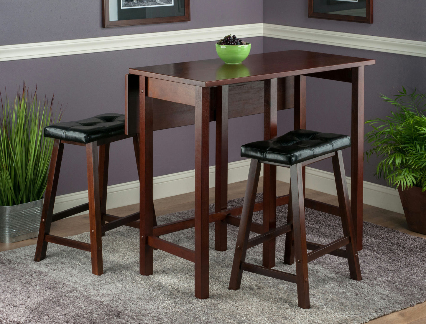 Lynnwood 3-Pc Drop Leaf Table w/ Cushion Saddle Seat Counter Stools, Natural