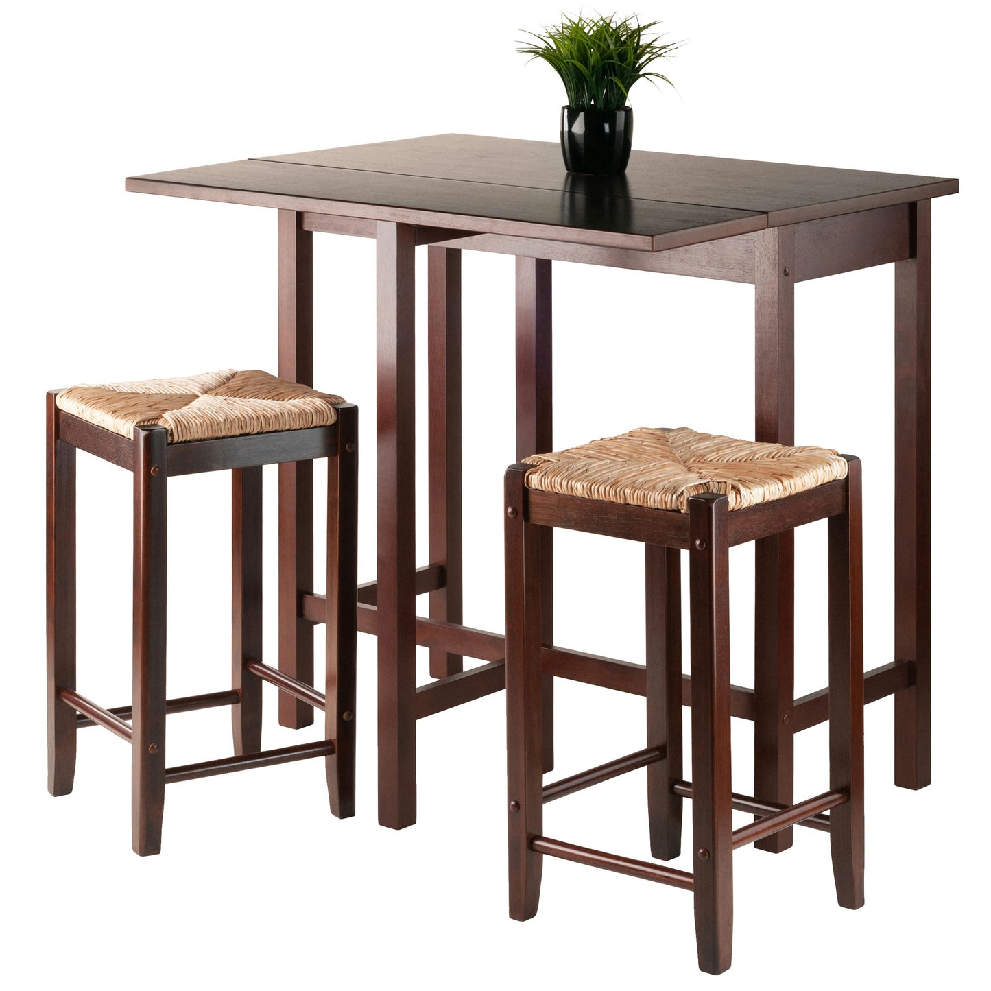 Lynwood 3-Pc Drop Leaf Table with Rush Seat Counter Stools, Walnut