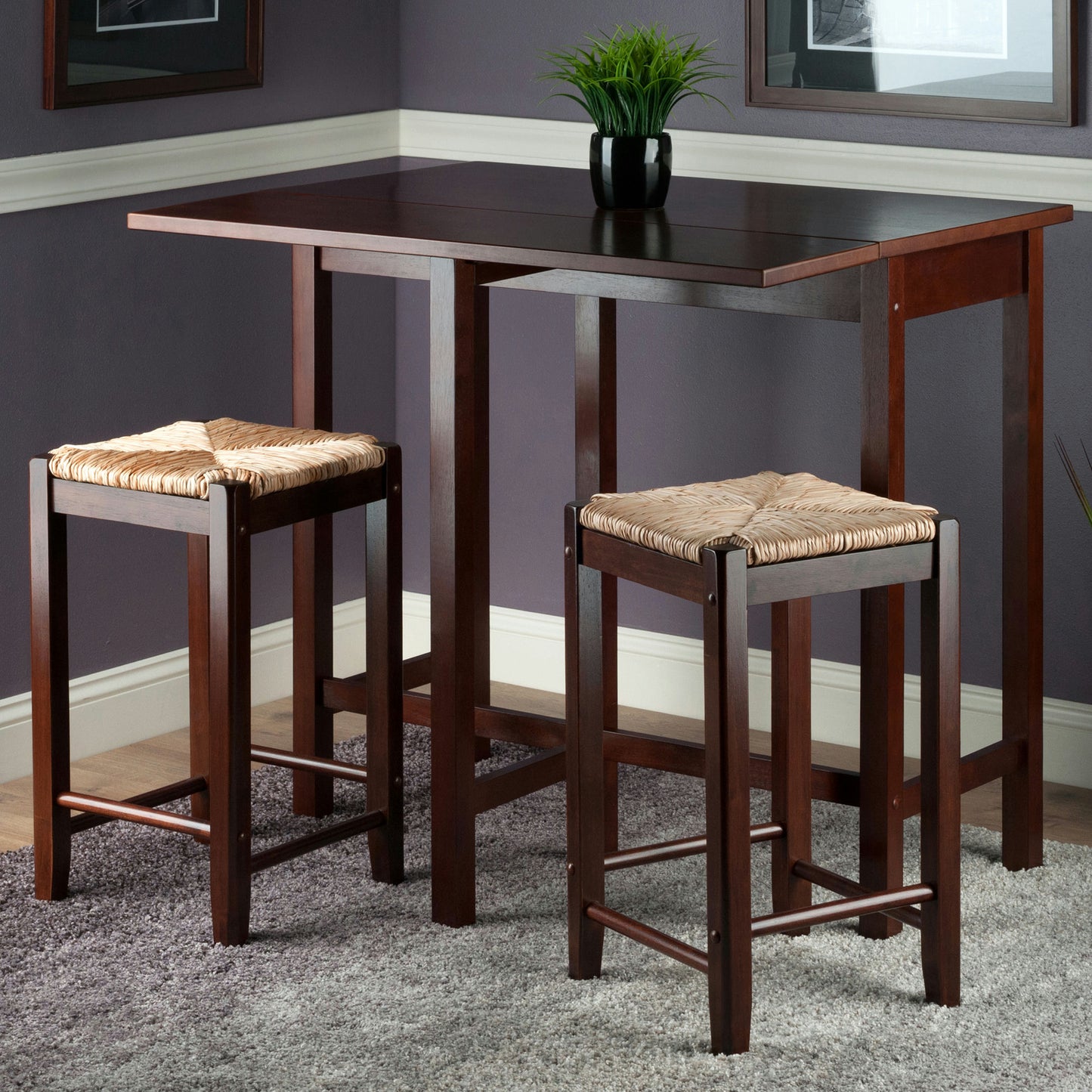 Lynwood 3-Pc Drop Leaf Table with Rush Seat Counter Stools, Walnut