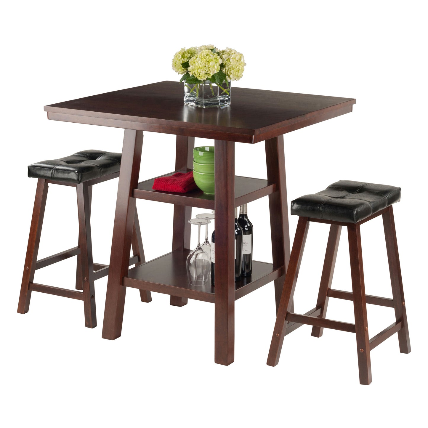 Orl&o 3-Pc High Table with Cushion Saddle Seat Counter Stools, Walnut & Black