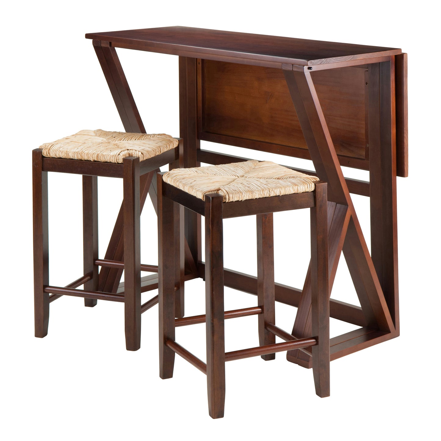 Harrington 3-Pc Drop Leaf Table with Rush Seat Counter Stools, Walnut