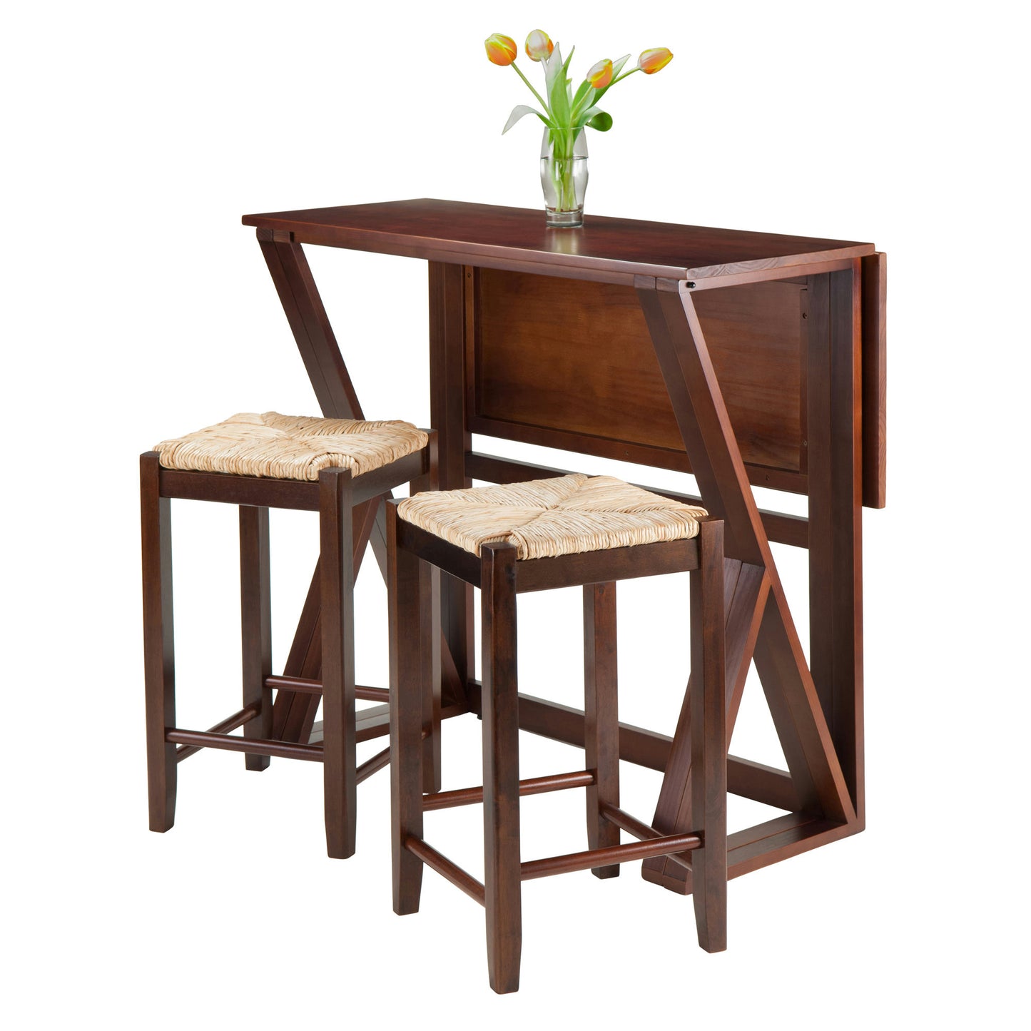 Harrington 3-Pc Drop Leaf Table with Rush Seat Counter Stools, Walnut