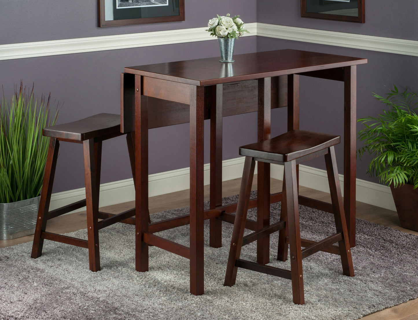 Lynnwood 3-Pc Drop Leaf Table with Saddle Seat Counter Stools, Walnut