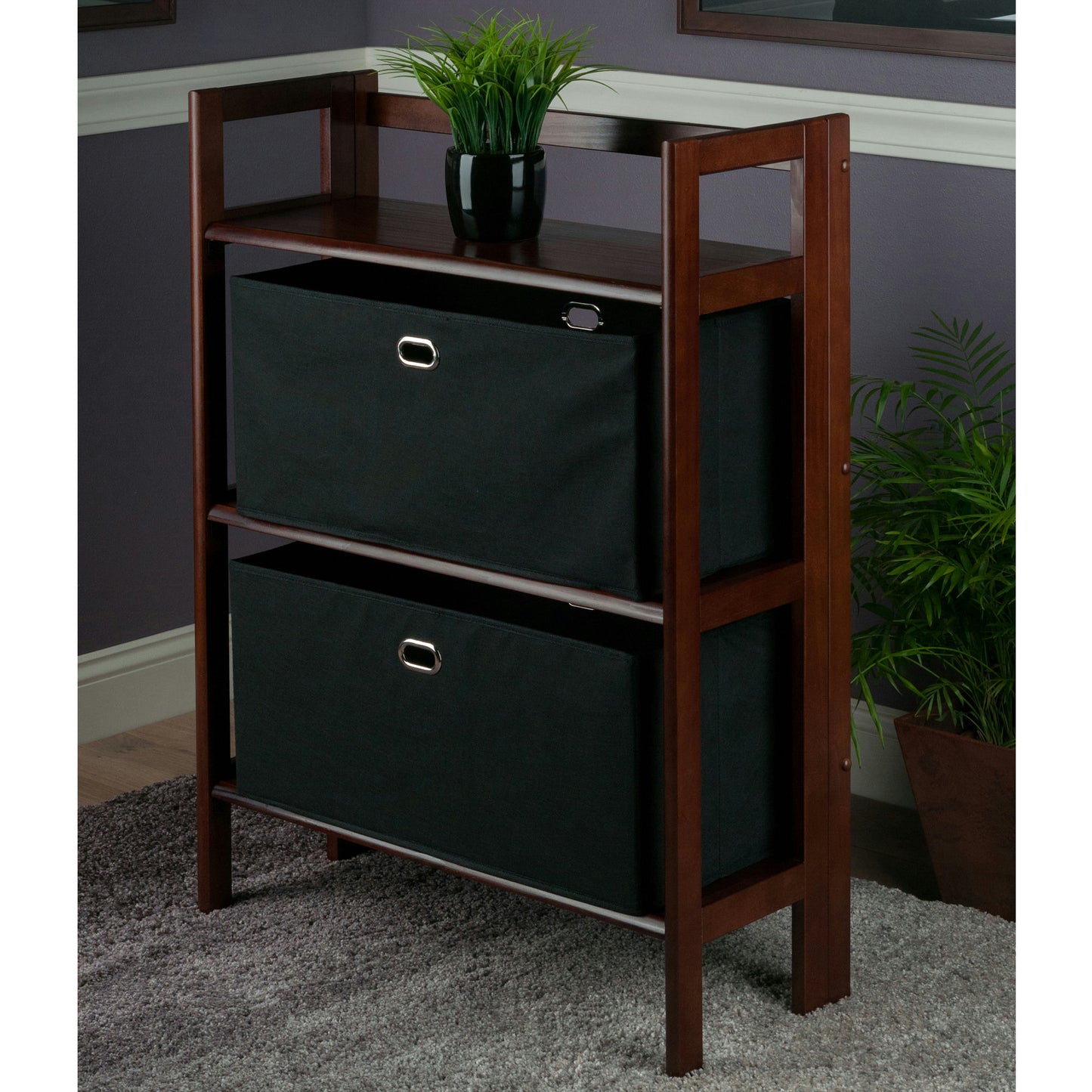 Torino 3-Pc Storage Shelf with 2 Foldable Fabric Baskets, Walnut and Black