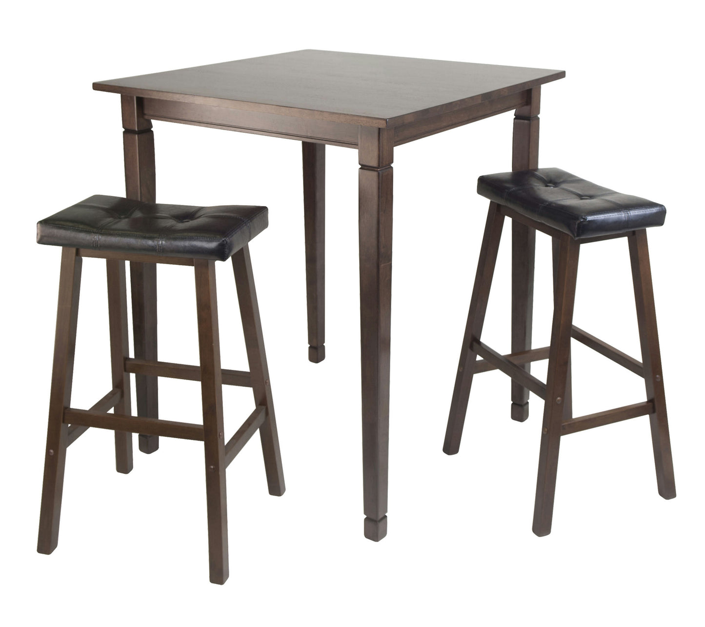 Kingsgate 3-Pc High Table with Cushion Saddle Seat Bar Stools, Walnut and Black