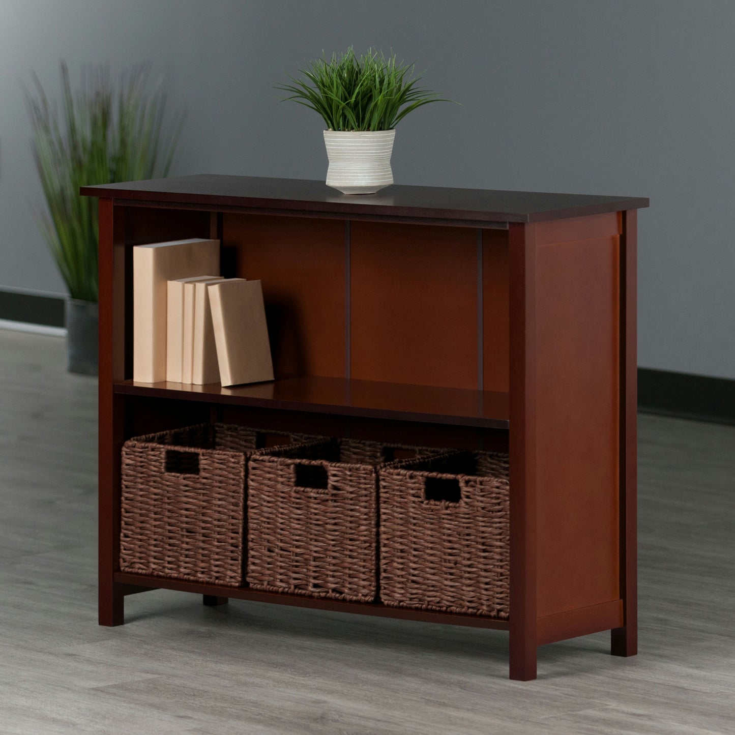 Milan 4-Pc Storage Wide Shelf with 3 Foldable Woven Baskets, Walnut