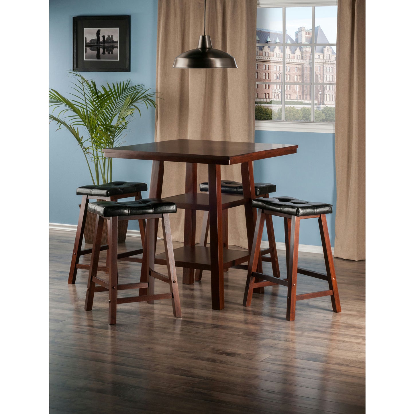 Orlando 5-Pc High Table with Cushion Seat Counter Stools, Walnut and Black