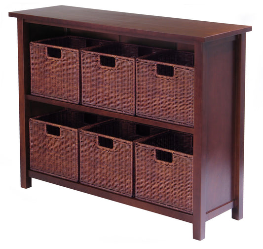 Milan 7-Pc Wide Storage Shelf with 6 Wicker Baskets, Walnut