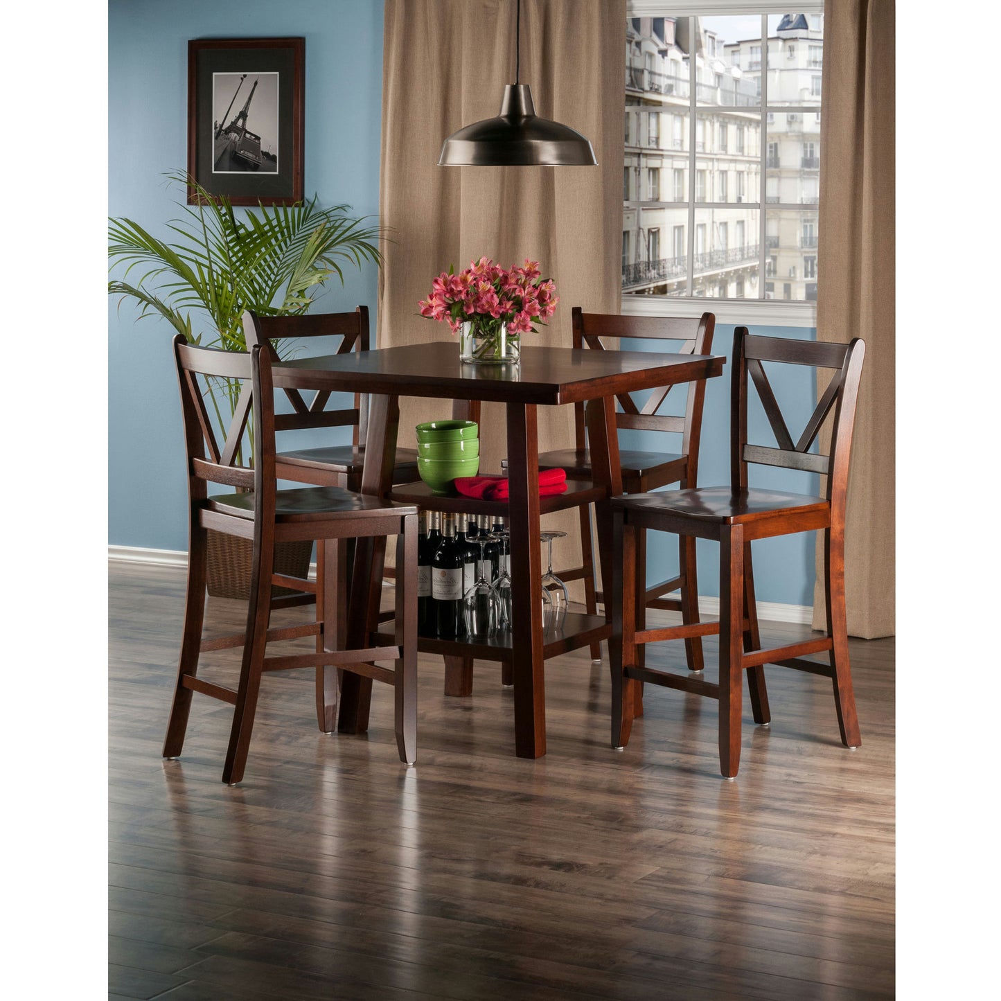 Orlando 5-Pc High Table with V-Back Counter Stools, Walnut