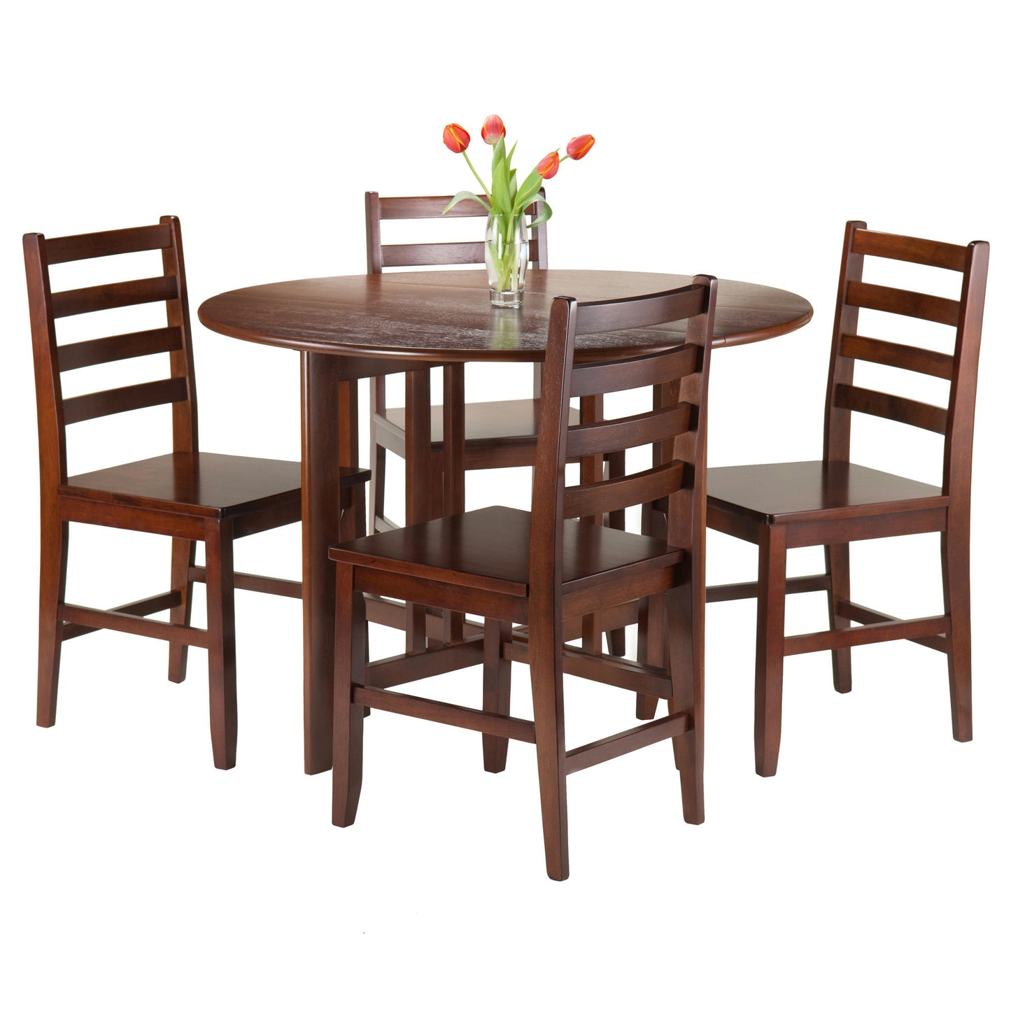 Alamo 5-Pc Round Drop Leaf Table with Flat Ladder-back Chairs, Walnut