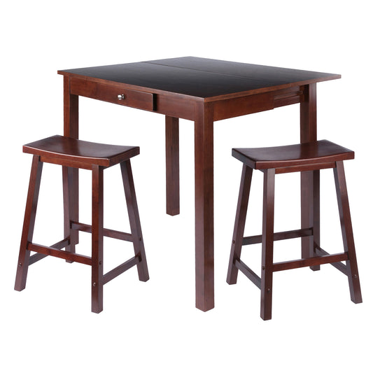 Perrone 3-Pc High Drop Leaf Table with Saddle Seat Counter Stools, Walnut