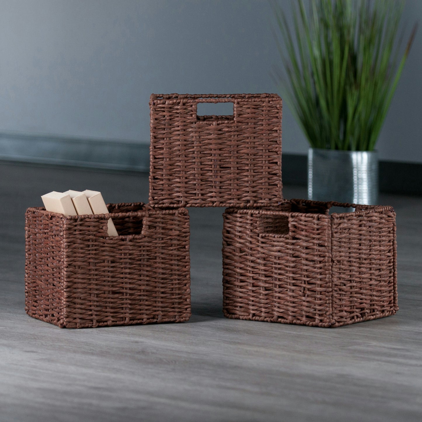 Tessa 3-Pc Foldable Woven Rope Basket Set, Walnut