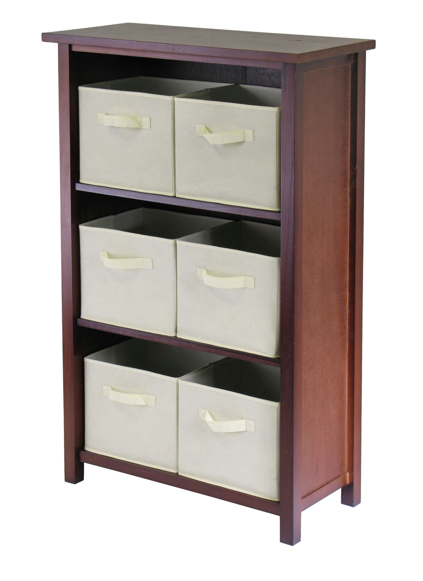 Verona 7-Pc Storage Shelf with 6 Foldable Fabric Baskets, Walnut and Beige