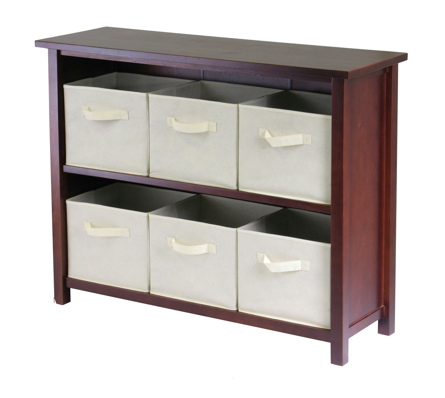Verona 7-Pc Wide Storage Shelf with 6 Foldable Fabric Baskets, Walnut and Beige