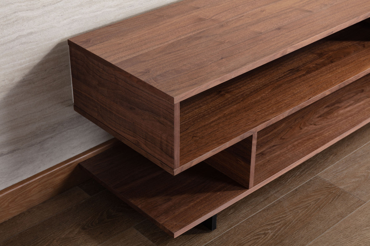 Iris Brown Walnut Finish TV Stand with 2 Levels of Shelves and Black Legs