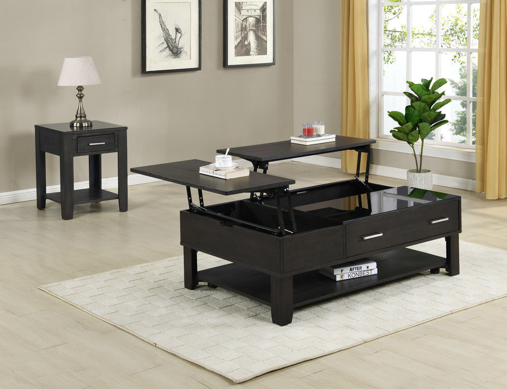 Bruno 2 Piece Ash Gray Wooden Lift Top Coffee, End Table Set, Tempered Glass Top