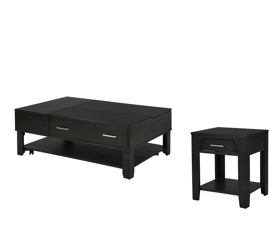 Bruno 2 Piece Ash Gray Wooden Lift Top Coffee, End Table Set, Tempered Glass Top