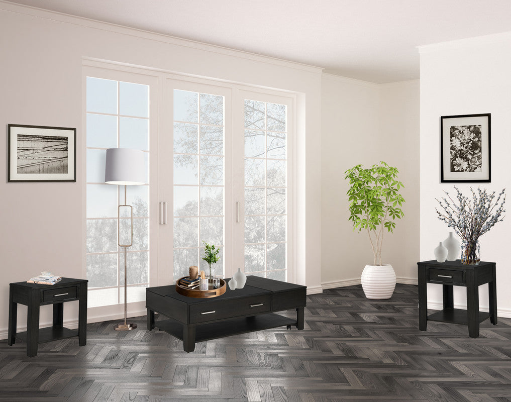 Bruno 3 Piece Ash Gray Wooden Lift Top Coffee, End Table Set, Tempered Glass Top