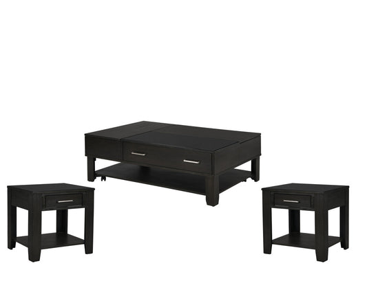 Bruno 3 Piece Ash Gray Wooden Lift Top Coffee, End Table Set, Tempered Glass Top