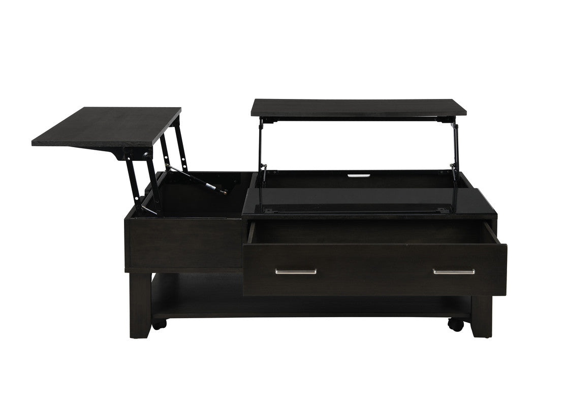 Bruno Ash Gray Wooden Lift Top Coffee Table with Tempered Glass Top and Drawer