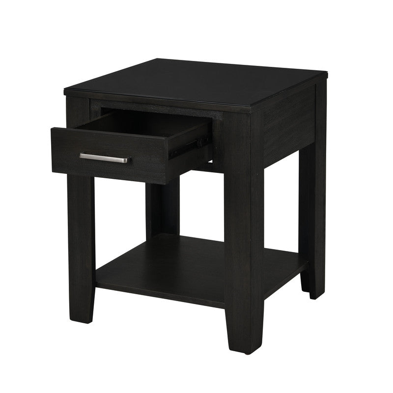 Lilola Home Bruno Ash Gray Wooden End Table with Tempered Glass Top and Drawer