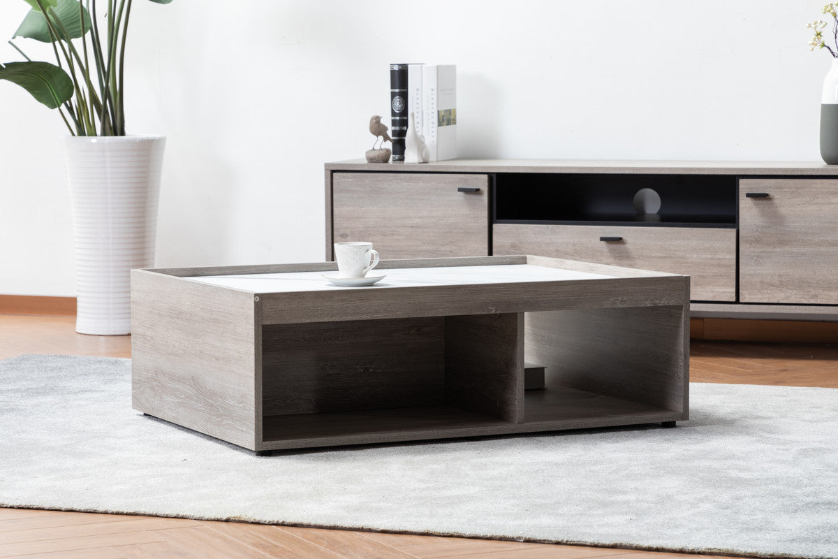 Apollo Gray Oak Finish Coffee Table with Marble Finish Top with Drawer