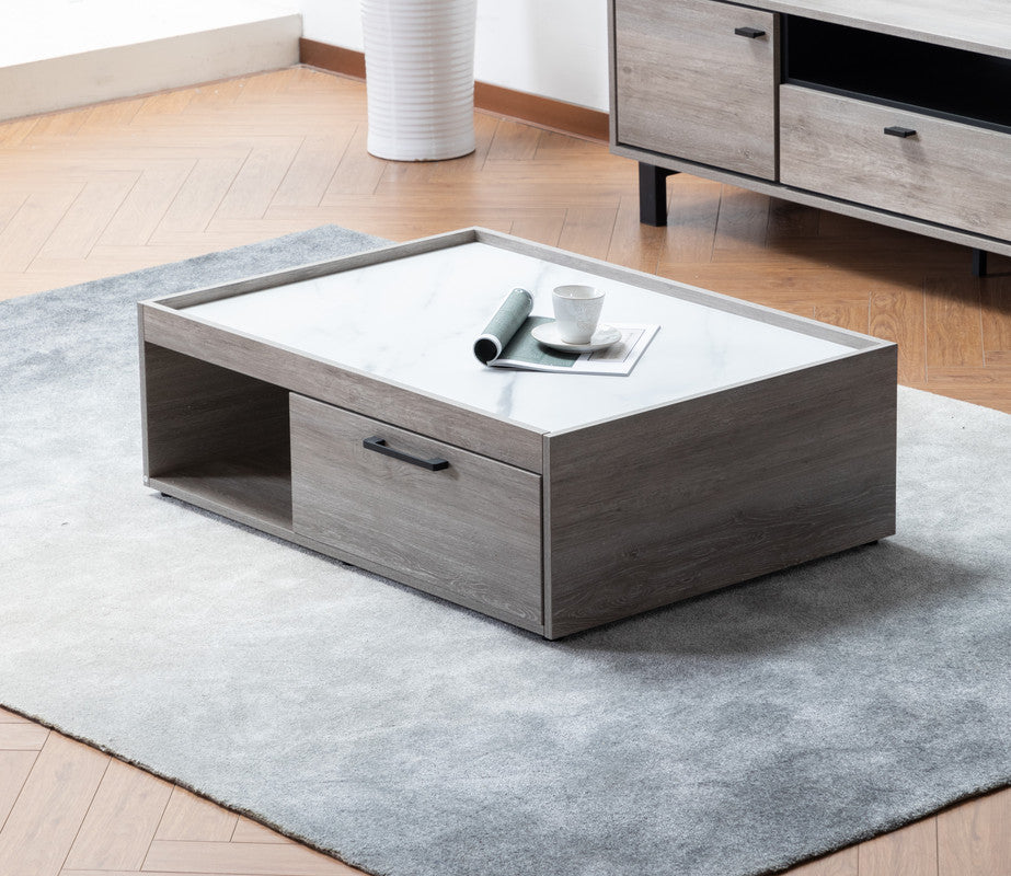 Apollo Gray Oak Finish Coffee Table with Marble Finish Top with Drawer