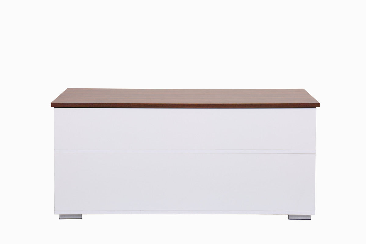 Luna White Coffee Table with Brown Walnut FinishTop, 2 Drawers, and 2 Shelves
