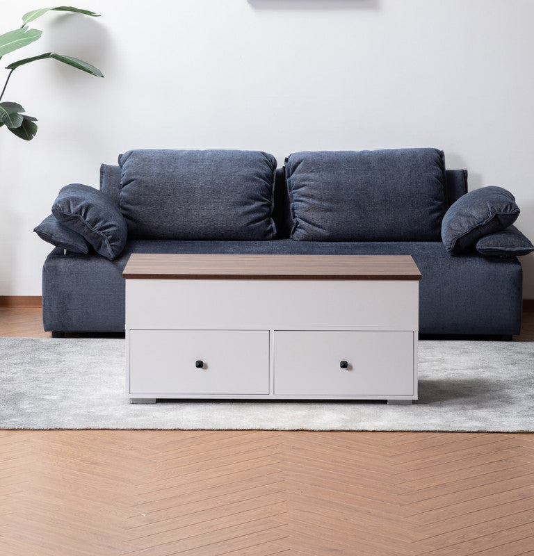 Luna White Coffee Table with Brown Walnut FinishTop, 2 Drawers, and 2 Shelves