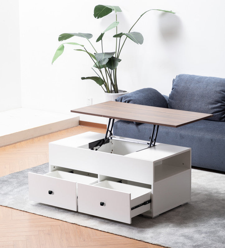 Luna White Coffee Table with Brown Walnut FinishTop, 2 Drawers, and 2 Shelves
