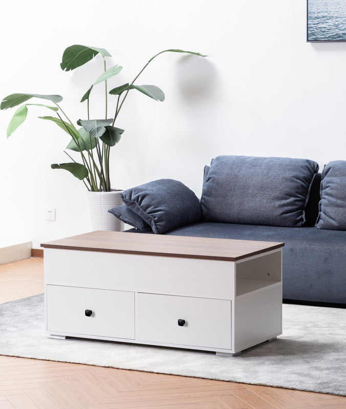 Luna White Coffee Table with Brown Walnut FinishTop, 2 Drawers, and 2 Shelves