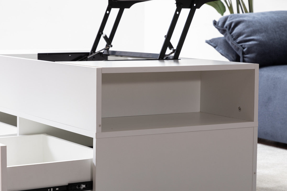 Luna White Coffee Table with Brown Walnut FinishTop, 2 Drawers, and 2 Shelves