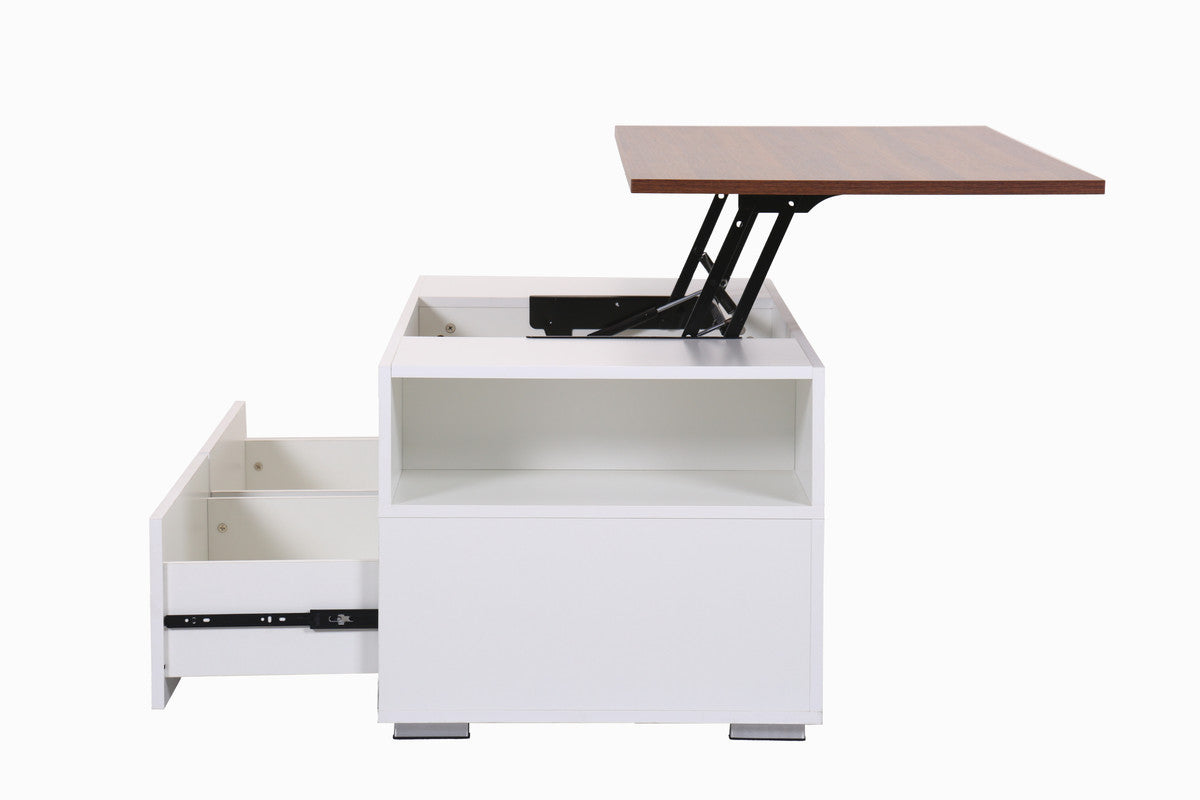 Luna White Coffee Table with Brown Walnut FinishTop, 2 Drawers, and 2 Shelves