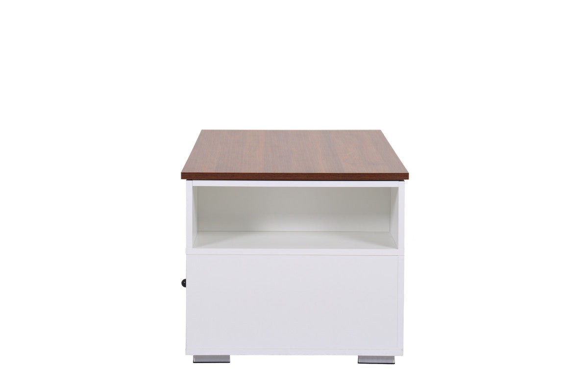Luna White Coffee Table with Brown Walnut FinishTop, 2 Drawers, and 2 Shelves