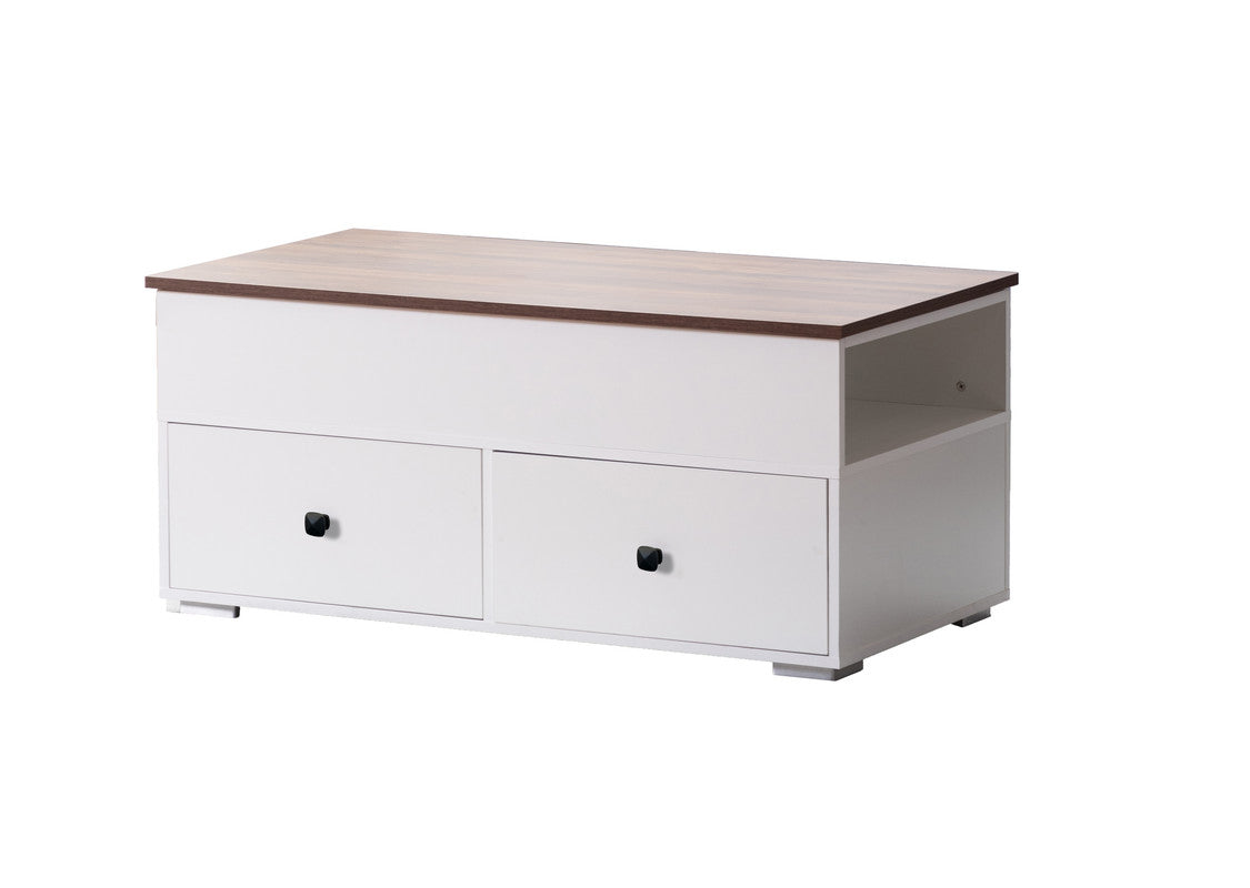 Luna White Coffee Table with Brown Walnut FinishTop, 2 Drawers, and 2 Shelves