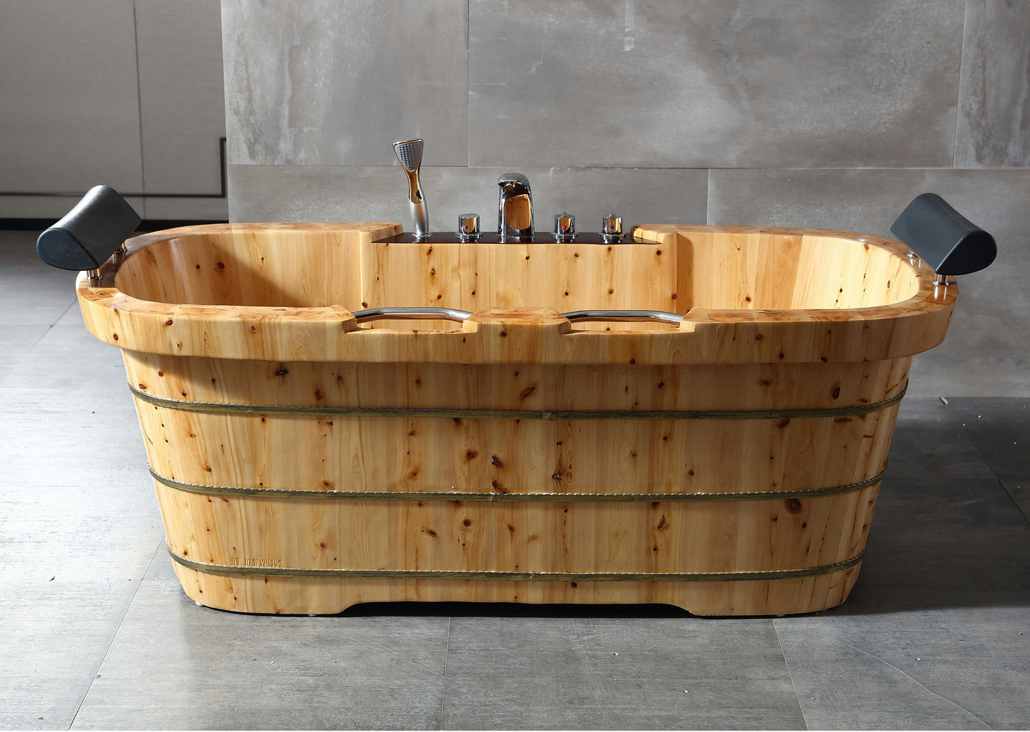 ALFI brand 65" 2 Person Free Standing Wooden Bathtub with Fixtures & Headrests