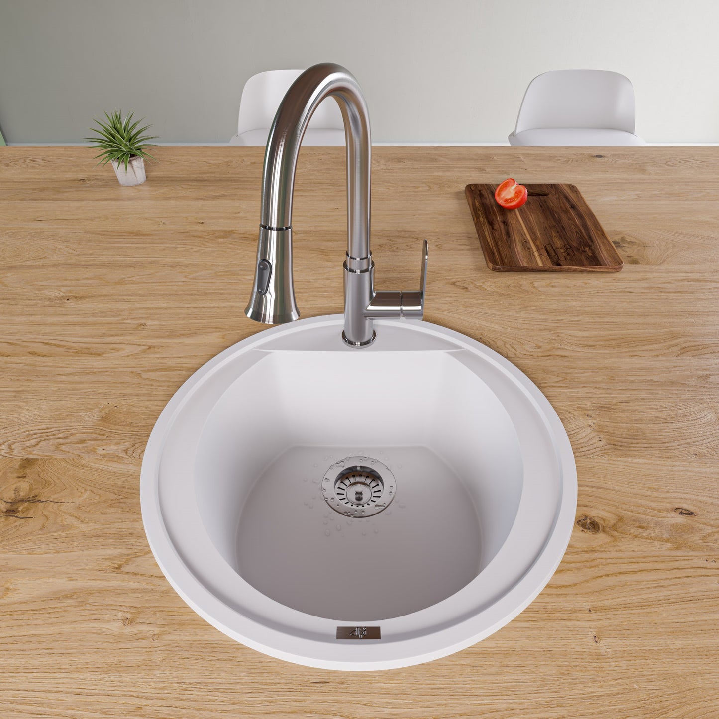 ALFI brand White 20" Drop-In Round Granite Composite Kitchen Prep Sink