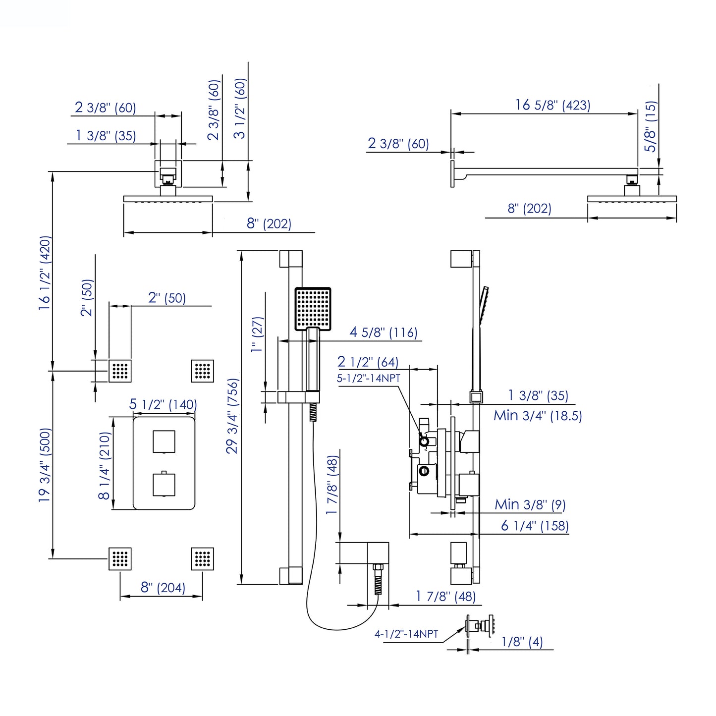 ALFI brand Brushed Nickel 3 Way Thermostatic Shower Set with Body Sprays