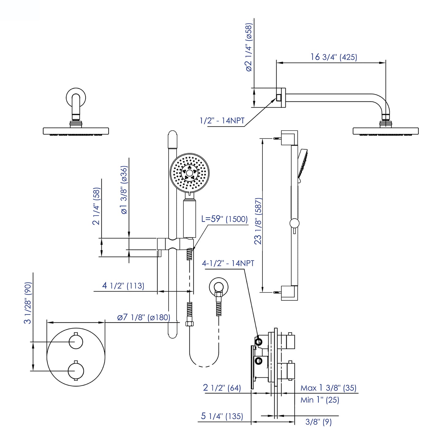 ALFI brand AB2545-BN Brushed Nickel Round Style 2 Way Thermostatic Shower Set