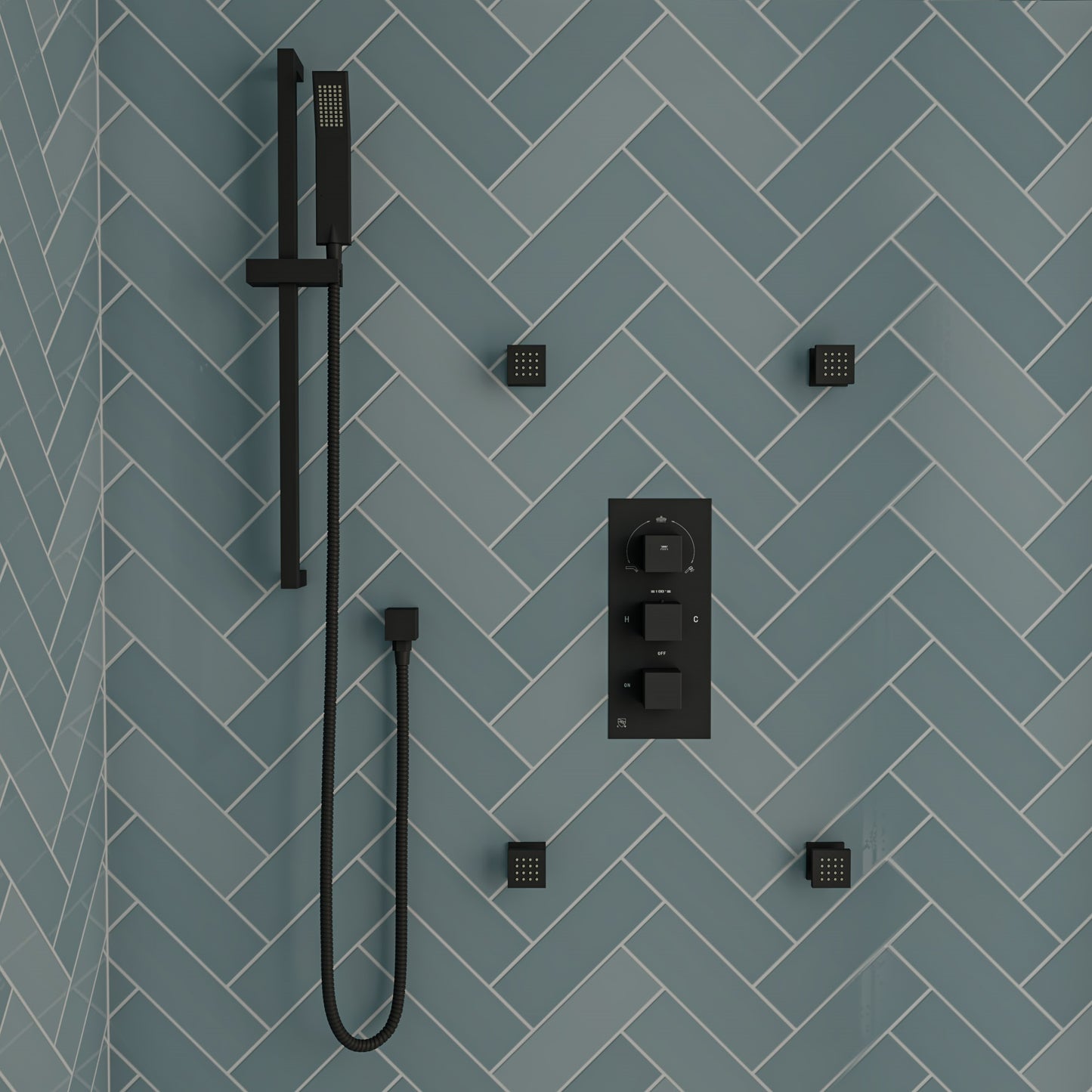 ALFI brand Black Matte 3-Way Thermostatic Valve Shower Mixer Square Knobs