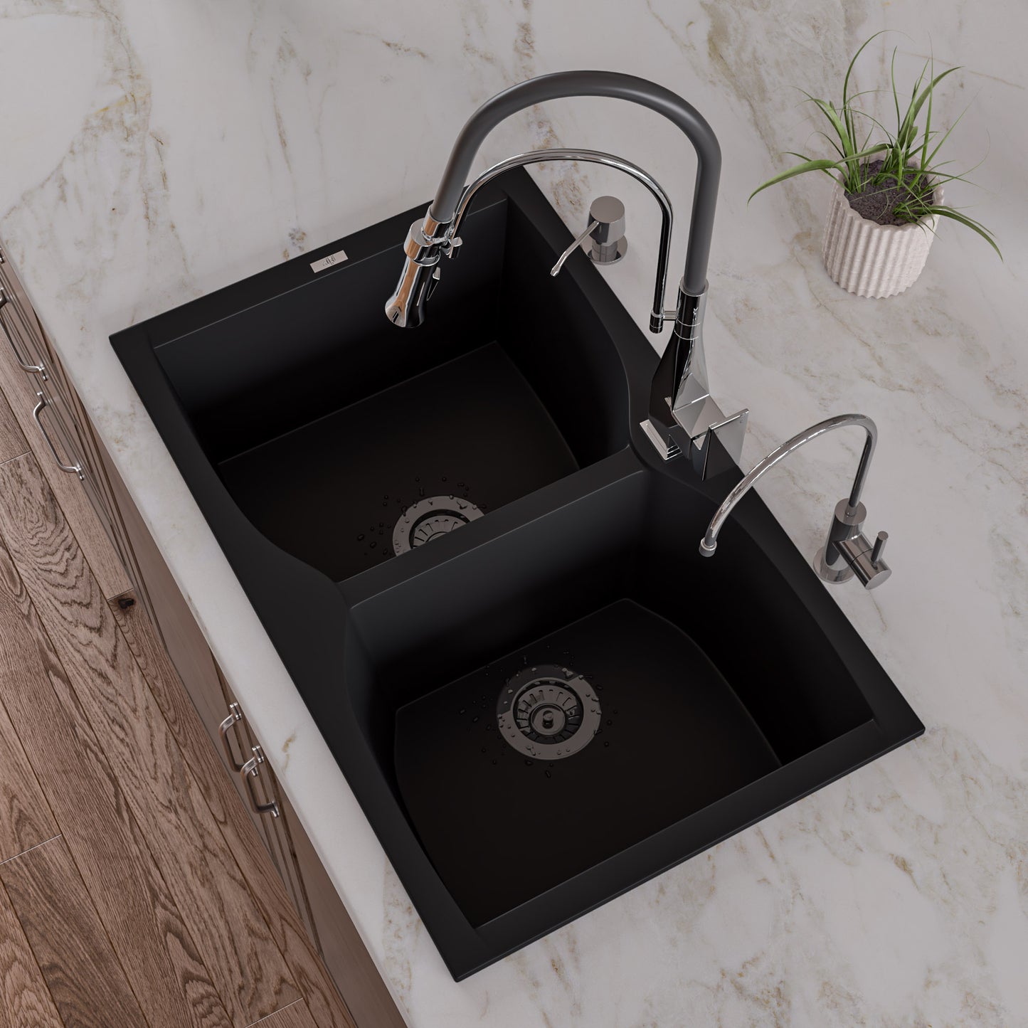 ALFI brand Black 32" Drop-In Double Bowl Granite Composite Kitchen Sink