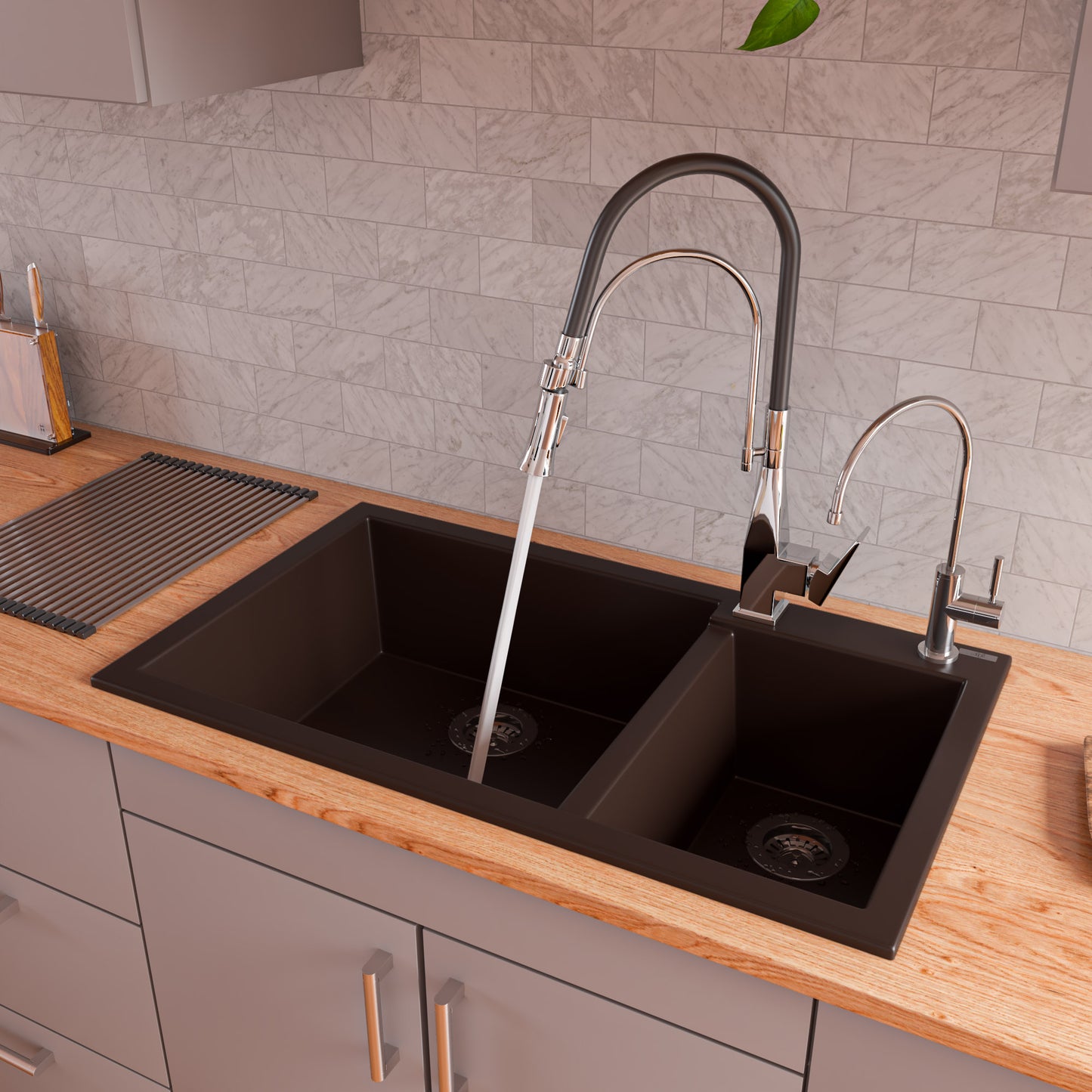 ALFI brand Chocolate 34" Double Bowl Drop In Granite Composite Kitchen Sink