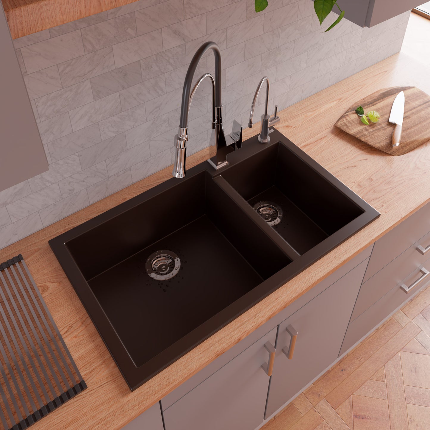 ALFI brand Chocolate 34" Double Bowl Drop In Granite Composite Kitchen Sink