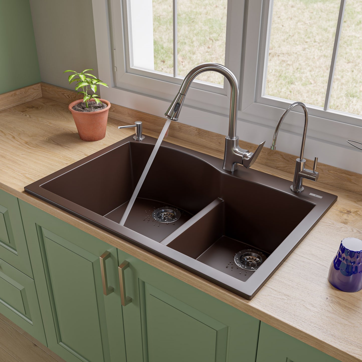ALFI brand Chocolate 33" Double Bowl Drop In Granite Composite Kitchen Sink