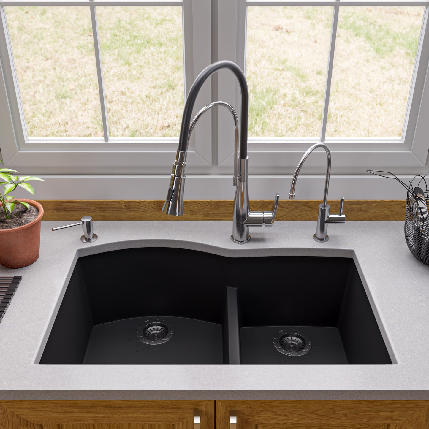 ALFI brand Black 33" Double Bowl Undermount Granite Composite Kitchen Sink