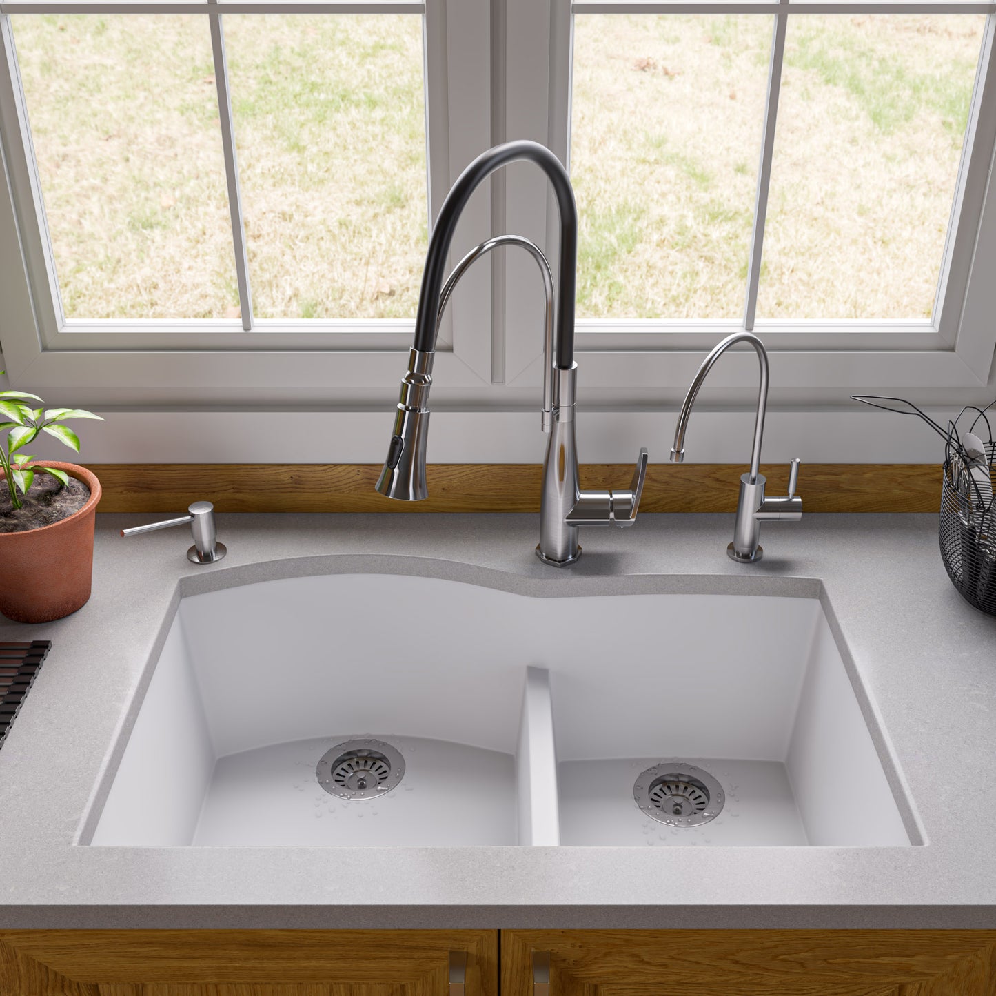 ALFI brand White 33" Double Bowl Undermount Granite Composite Kitchen Sink