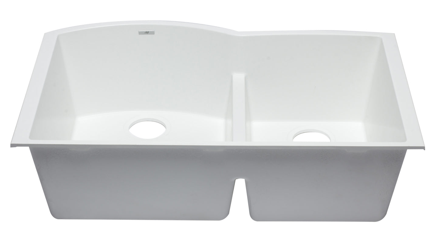 ALFI brand White 33" Double Bowl Undermount Granite Composite Kitchen Sink