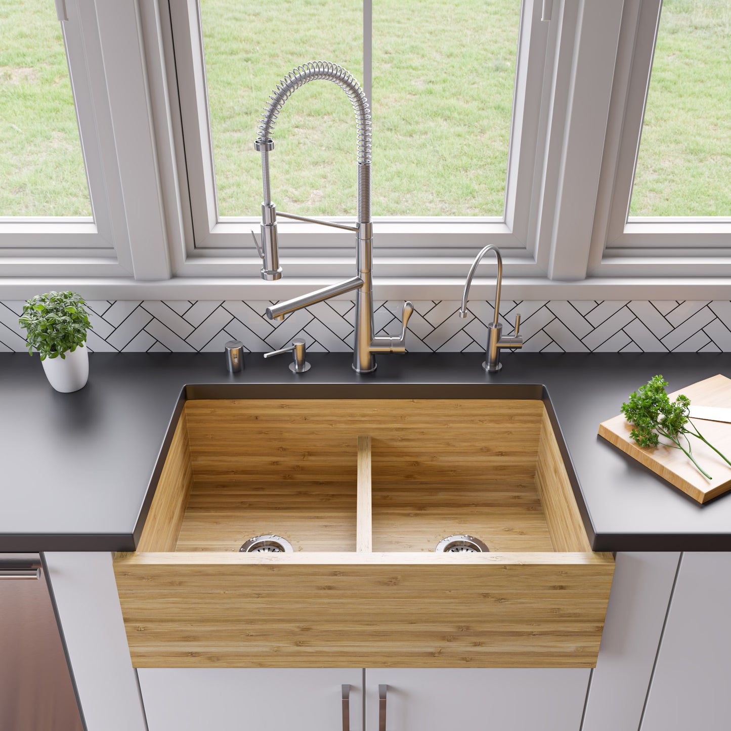 ALFI brand AB3321 33" Double Bowl Bamboo Kitchen Farm Sink