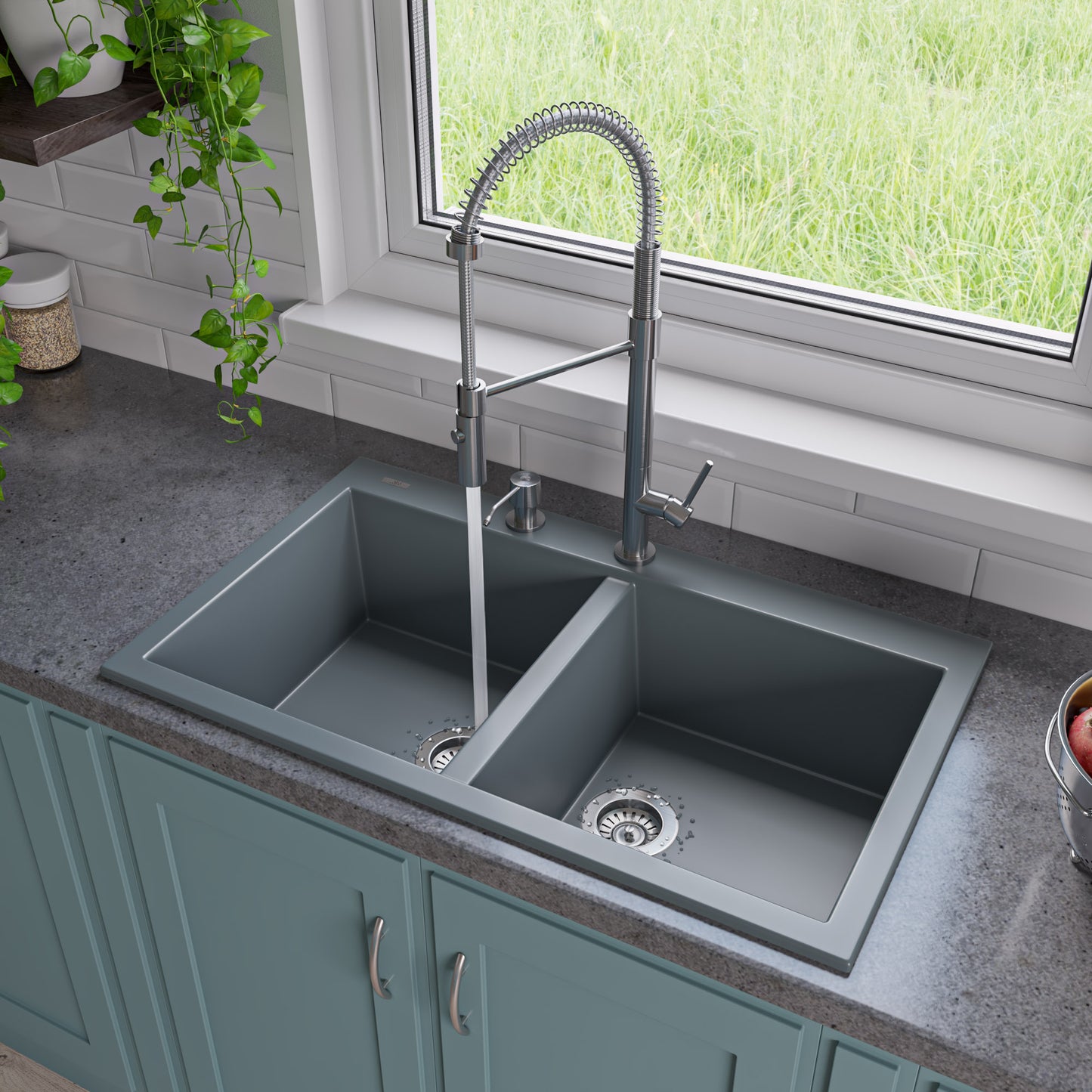 ALFI brand Titanium 34" Drop-In Double Bowl Granite Composite Kitchen Sink